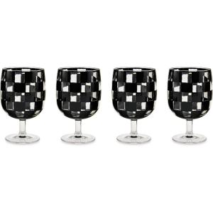 MACKENZIE-CHILDS Set of 4 Acrylic Water Goblets, Stemmed Water Glasses, 13.5 Ounces, Blue Check(Black Check)