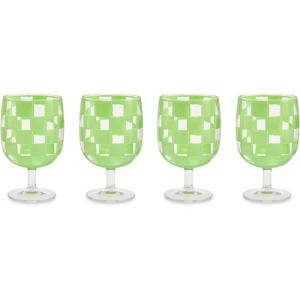 MACKENZIE-CHILDS Set of 4 Acrylic Water Goblets, Stemmed Water Glasses, 13.5 Ounces, Blue Check(Green Check)