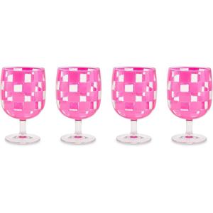 MACKENZIE-CHILDS Set of 4 Acrylic Water Goblets, Stemmed Water Glasses, 13.5 Ounces, Blue Check(Pink Check)