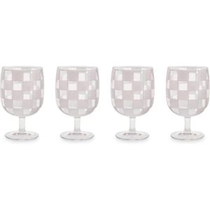 MACKENZIE-CHILDS Set of 4 Acrylic Water Goblets, Stemmed Water Glasses, 13.5 Ounces, Blue Check(White Check)