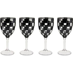 MACKENZIE-CHILDS Set of 4 Acrylic Wine Goblets, Stemmed Drinking Glasses, Decorative Glassware, 12 Ounces, Pink Check(Black Check)