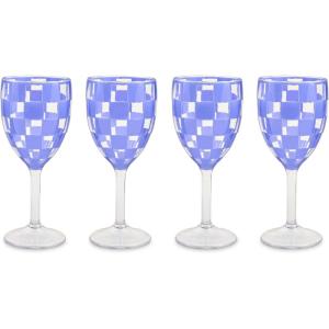 MACKENZIE-CHILDS Set of 4 Acrylic Wine Goblets, Stemmed Drinking Glasses, Decorative Glassware, 12 Ounces, Pink Check(Blue Check)
