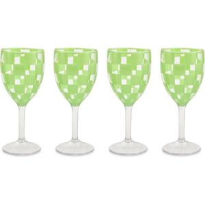 MACKENZIE-CHILDS Set of 4 Acrylic Wine Goblets, Stemmed Drinking Glasses, Decorative Glassware, 12 Ounces, Pink Check(Green Check)