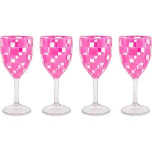 MACKENZIE-CHILDS Set of 4 Acrylic Wine Goblets, Stemmed Drinking Glasses, Decorative Glassware, 12 Ounces, Pink Check(Pink Check)