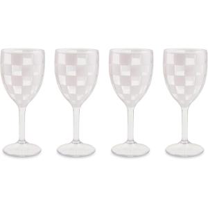 MACKENZIE-CHILDS Set of 4 Acrylic Wine Goblets, Stemmed Drinking Glasses, Decorative Glassware, 12 Ounces, Pink Check(White Check)