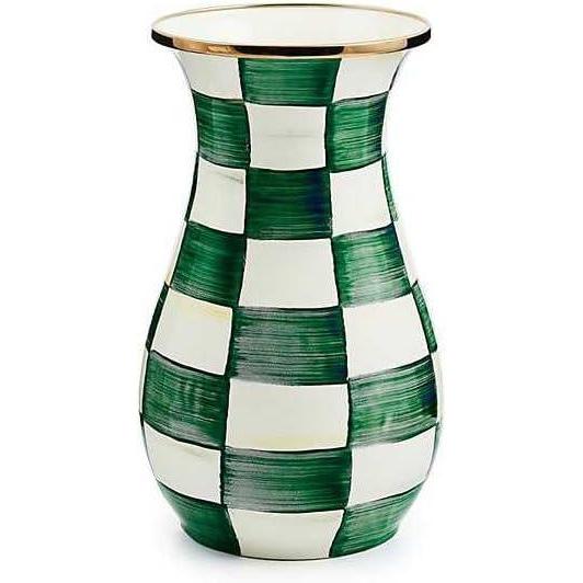 image:imageMACKENZIECHILDS Enamel Vase Unique FlowerVase Decor for Living Room Tall LightBlueandWhite Sky CheckEmerald Check