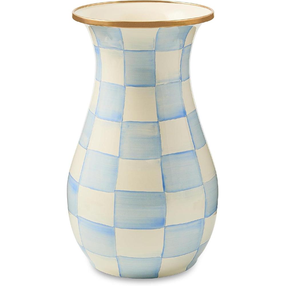 image:imageMACKENZIECHILDS Enamel Vase Unique FlowerVase Decor for Living Room Tall LightBlueandWhite Sky CheckSky Check