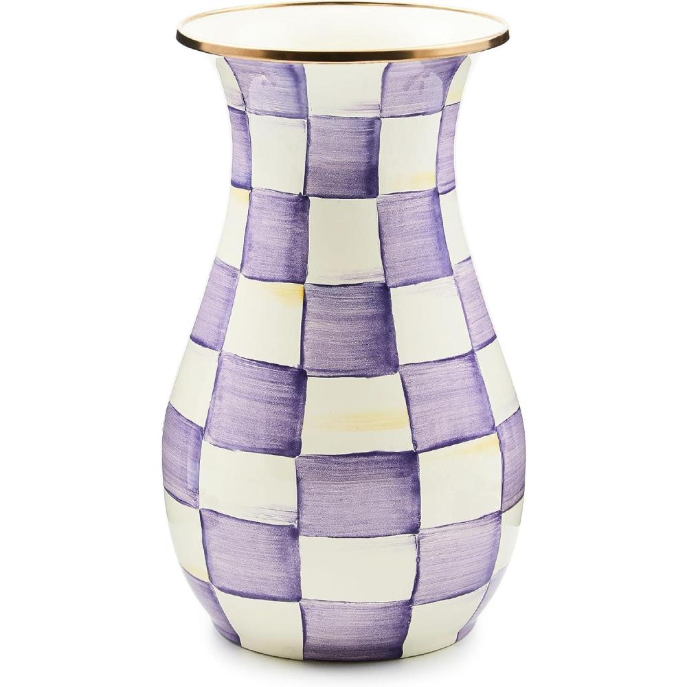 image:imageMACKENZIECHILDS Enamel Vase Unique FlowerVase Decor for Living Room Tall LightBlueandWhite Sky CheckViolet Check