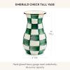 MACKENZIE-CHILDS Enamel Vase, Unique Flower-Vase Decor for Living Room, Tall, Light-Blue-and-White Sky Check(Emerald Check)