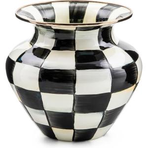 MACKENZIE-CHILDS Enamel Vase, Unique Flower-Vase Decor for Living Room, Large, Light-Blue-and-White Sky Check(Courtly Check)
