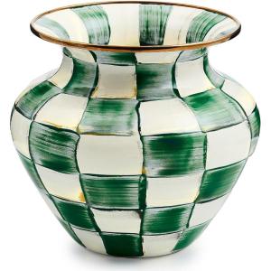 MACKENZIE-CHILDS Enamel Vase, Unique Flower-Vase Decor for Living Room, Large, Light-Blue-and-White Sky Check(Emerald Check)