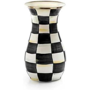 MACKENZIE-CHILDS Enamel Vase, Unique Flower-Vase Decor for Living Room, Tall, Light-Blue-and-White Sky Check(Courtly Check)