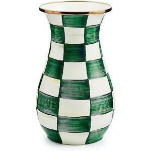 MACKENZIE-CHILDS Enamel Vase, Unique Flower-Vase Decor for Living Room, Tall, Light-Blue-and-White Sky Check(Emerald Check)