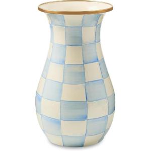 MACKENZIE-CHILDS Enamel Vase, Unique Flower-Vase Decor for Living Room, Tall, Light-Blue-and-White Sky Check(Sky Check)