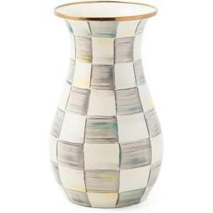 MACKENZIE-CHILDS Enamel Vase, Unique Flower-Vase Decor for Living Room, Tall, Light-Blue-and-White Sky Check(Sterling Check)
