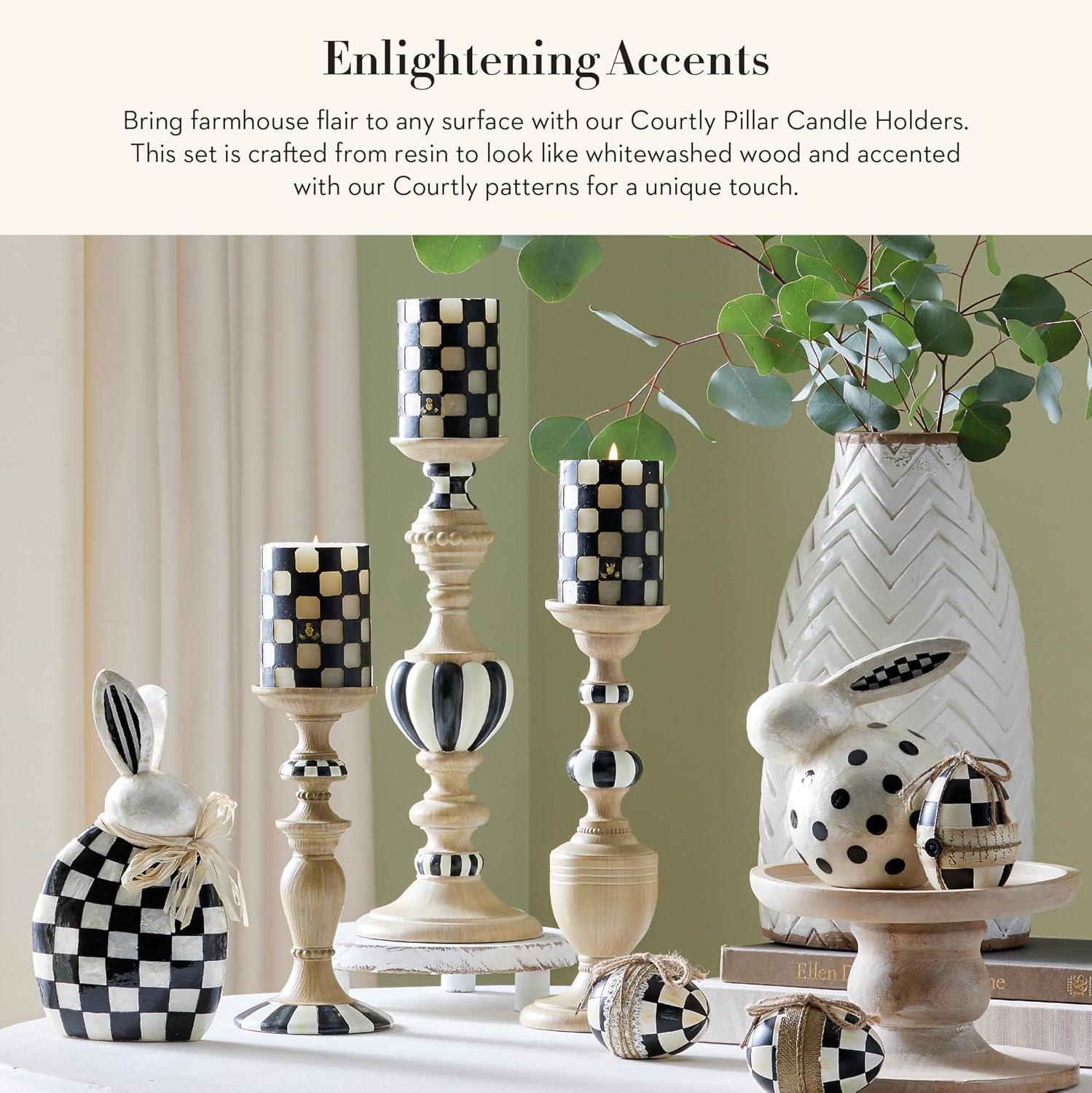 image:imageMACKENZIECHILDS Pillar Candle Holders Decorative Candlesticks BlackandWhite Courtly Check and Courtly Stripe Set of 3