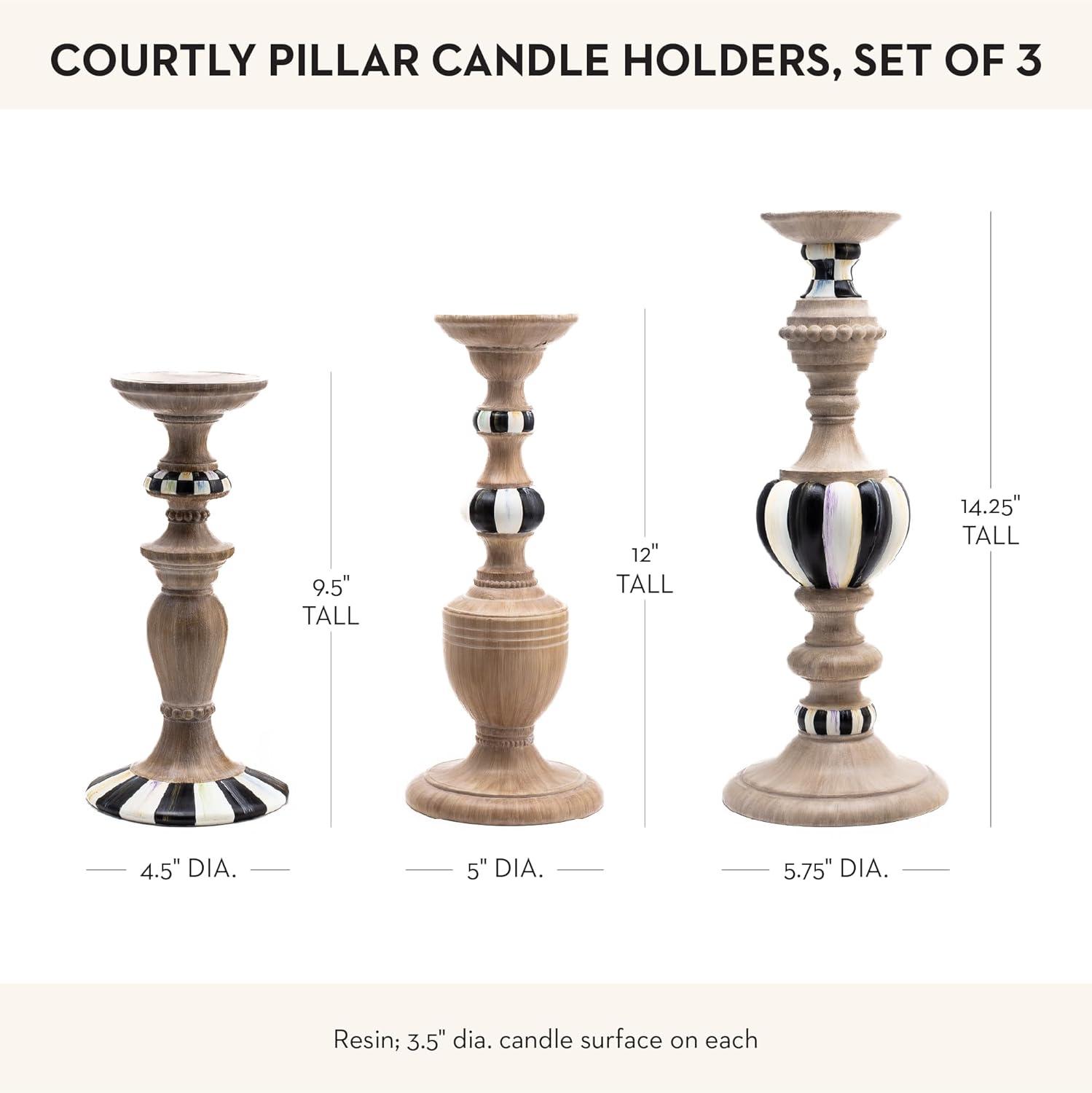 image:imageMACKENZIECHILDS Pillar Candle Holders Decorative Candlesticks BlackandWhite Courtly Check and Courtly Stripe Set of 3