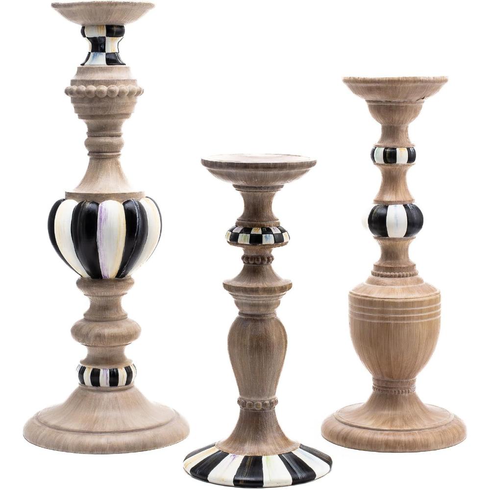 image:imageMACKENZIECHILDS Pillar Candle Holders Decorative Candlesticks BlackandWhite Courtly Check and Courtly Stripe Set of 3