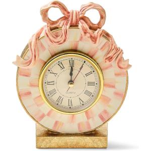 MACKENZIE-CHILDS Desk Clock, Retro Analog Clock for Room Decor, Pink-and-White It’s All About The Bow