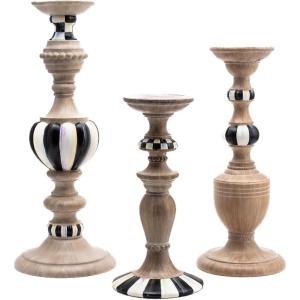 MACKENZIE-CHILDS Pillar Candle Holders, Decorative Candlesticks, Black-and-White Courtly Check and Courtly Stripe, Set of 3