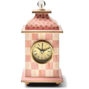 MACKENZIE-CHILDS Desk Clock, Decorative Analog Clock for Living Room or Office, Pink-and-White Rosy Check