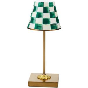 MACKENZIE-CHILDS LED Rechargeable Cafe Table Lamp, Cordless Decorative Lamp, Light-Blue-and-White Sky Check(Emerald Check)