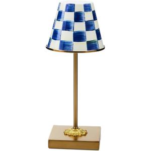 MACKENZIE-CHILDS LED Rechargeable Cafe Table Lamp, Cordless Decorative Lamp, Light-Blue-and-White Sky Check(Royal Check)