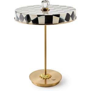 MACKENZIE-CHILDS LED Rechargeable Disk Table Lamp, Cordless Decorative Lamp, Purple-and-White Violet Check(Courtly Check)