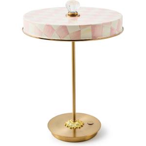 MACKENZIE-CHILDS LED Rechargeable Disk Table Lamp, Cordless Decorative Lamp, Purple-and-White Violet Check(Rosy Check)