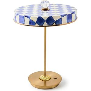 MACKENZIE-CHILDS LED Rechargeable Disk Table Lamp, Cordless Decorative Lamp, Purple-and-White Violet Check(Royal Check)