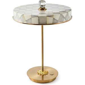 MACKENZIE-CHILDS LED Rechargeable Disk Table Lamp, Cordless Decorative Lamp, Purple-and-White Violet Check(Sterling Check)