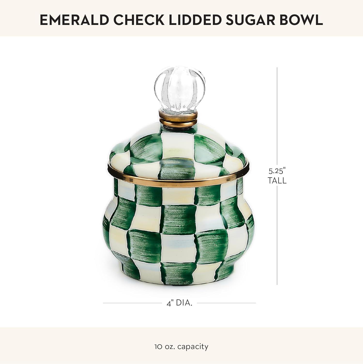 image:imageMACKENZIECHILDS Enamel Lidded Sugar Bowl Small Serving Bowl with Lid 10Ounce Capacity LightBlueandWhite Sky CheckEmerald Check