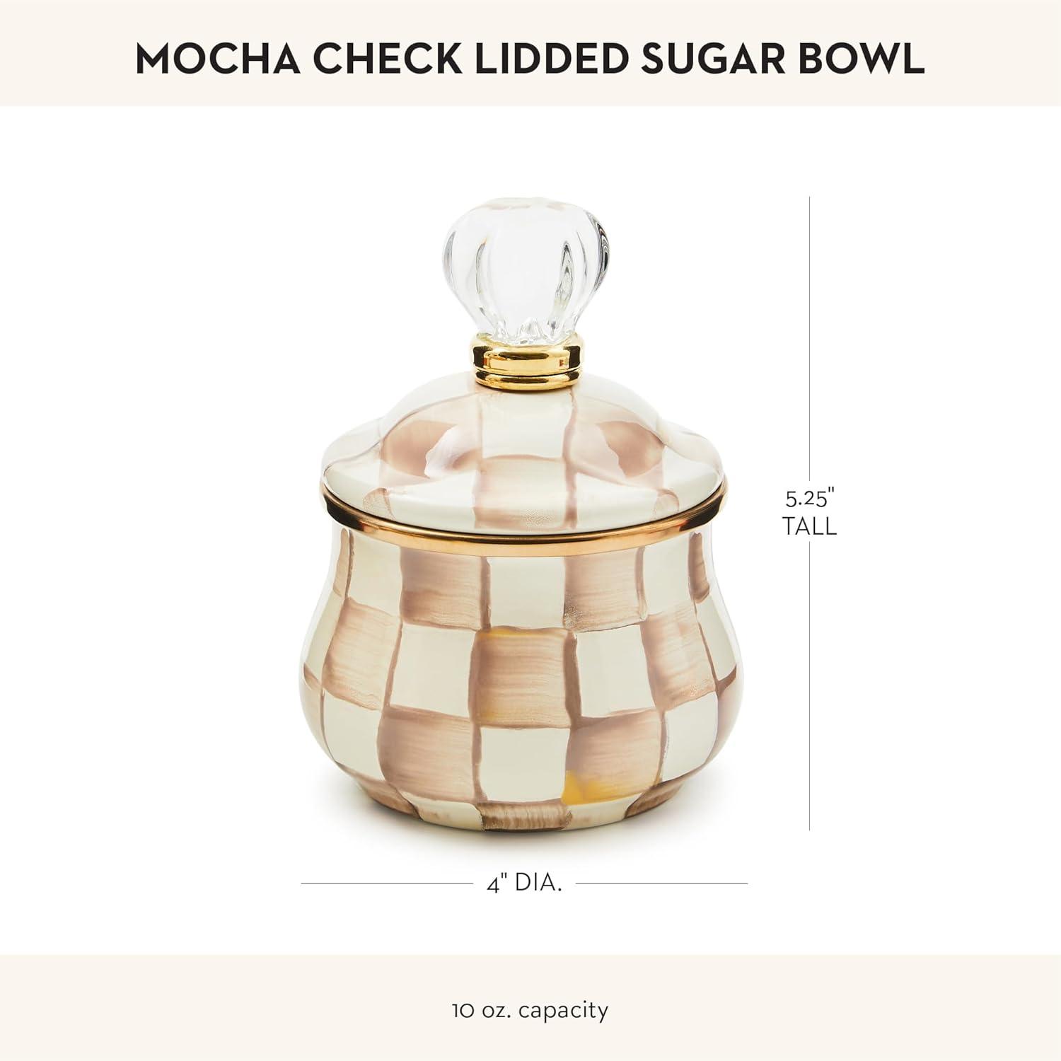 image:imageMACKENZIECHILDS Enamel Lidded Sugar Bowl Small Serving Bowl with Lid 10Ounce Capacity LightBlueandWhite Sky CheckMocha Check