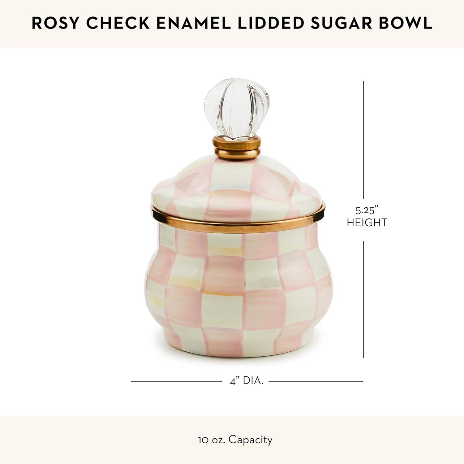 image:imageMACKENZIECHILDS Enamel Lidded Sugar Bowl Small Serving Bowl with Lid 10Ounce Capacity LightBlueandWhite Sky CheckRosy Check