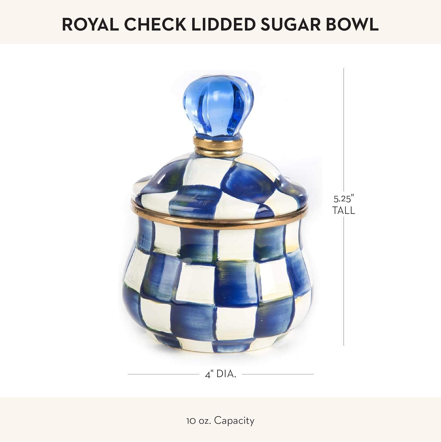 image:imageMACKENZIECHILDS Enamel Lidded Sugar Bowl Small Serving Bowl with Lid 10Ounce Capacity LightBlueandWhite Sky CheckRoyal Check