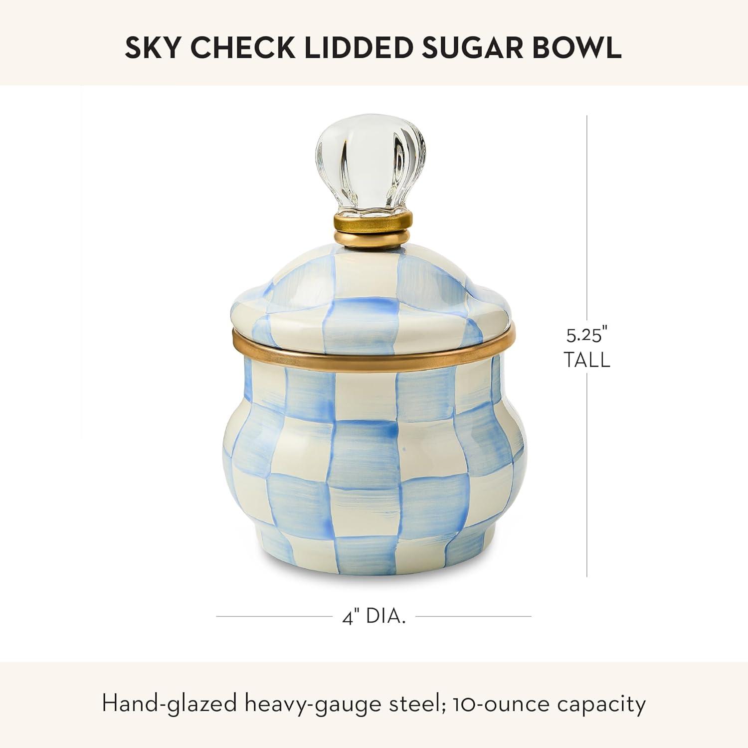 image:imageMACKENZIECHILDS Enamel Lidded Sugar Bowl Small Serving Bowl with Lid 10Ounce Capacity LightBlueandWhite Sky CheckSky Check