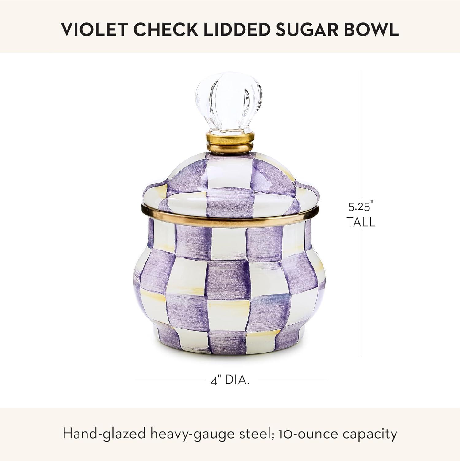 image:imageMACKENZIECHILDS Enamel Lidded Sugar Bowl Small Serving Bowl with Lid 10Ounce Capacity LightBlueandWhite Sky CheckViolet Check