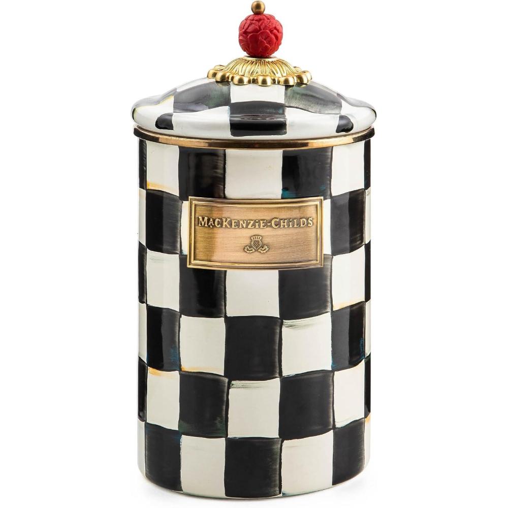 image:imageMACKENZIECHILDS Enamel Canister Kitchen Storage Container with Lid Large 64Ounce Capacity LightBlueandWhite Sky CheckCourtly Check