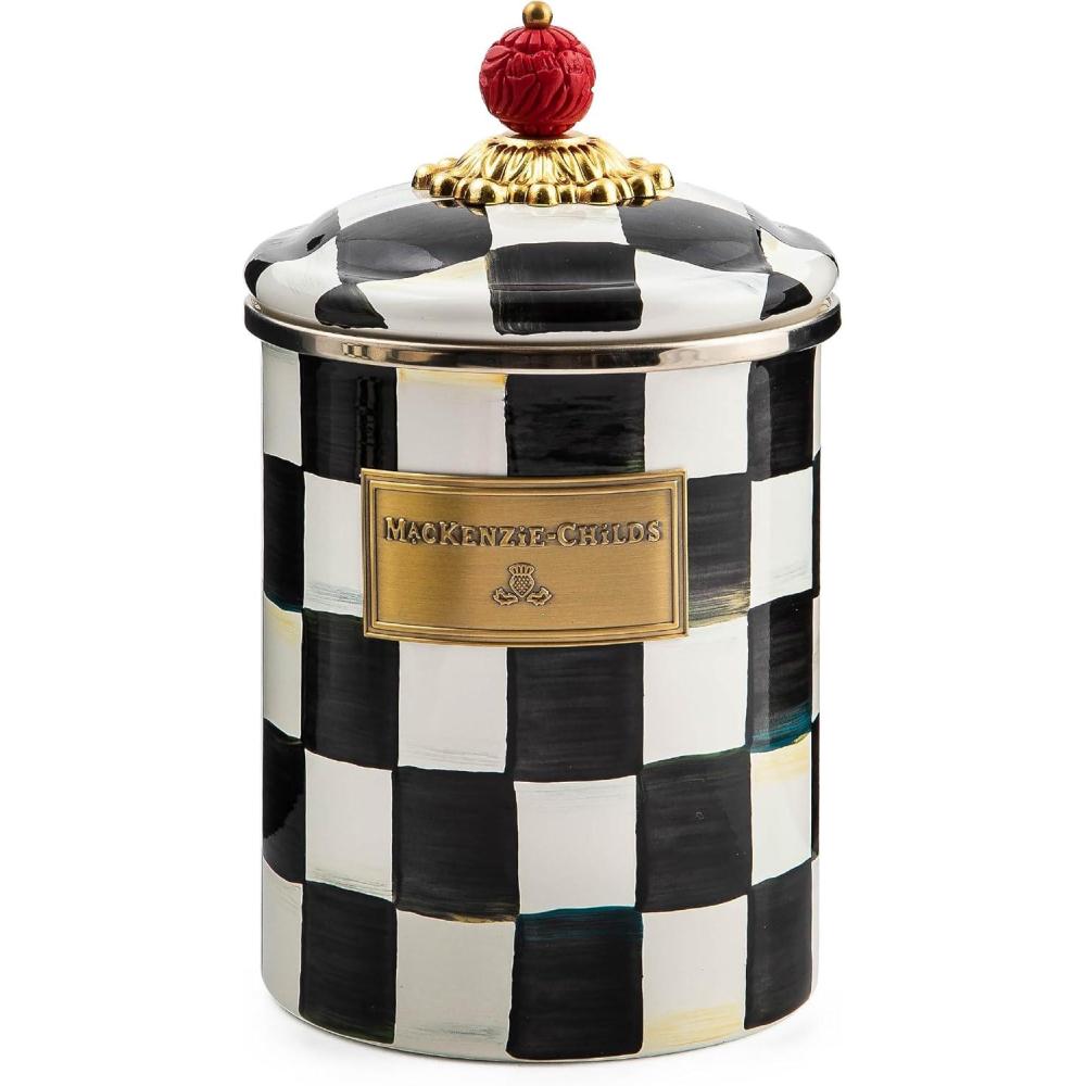image:imageMACKENZIECHILDS Enamel Canister Kitchen Storage Container with Lid Medium 48Ounce Capacity LightBlueandWhite Sky CheckCourtly Check