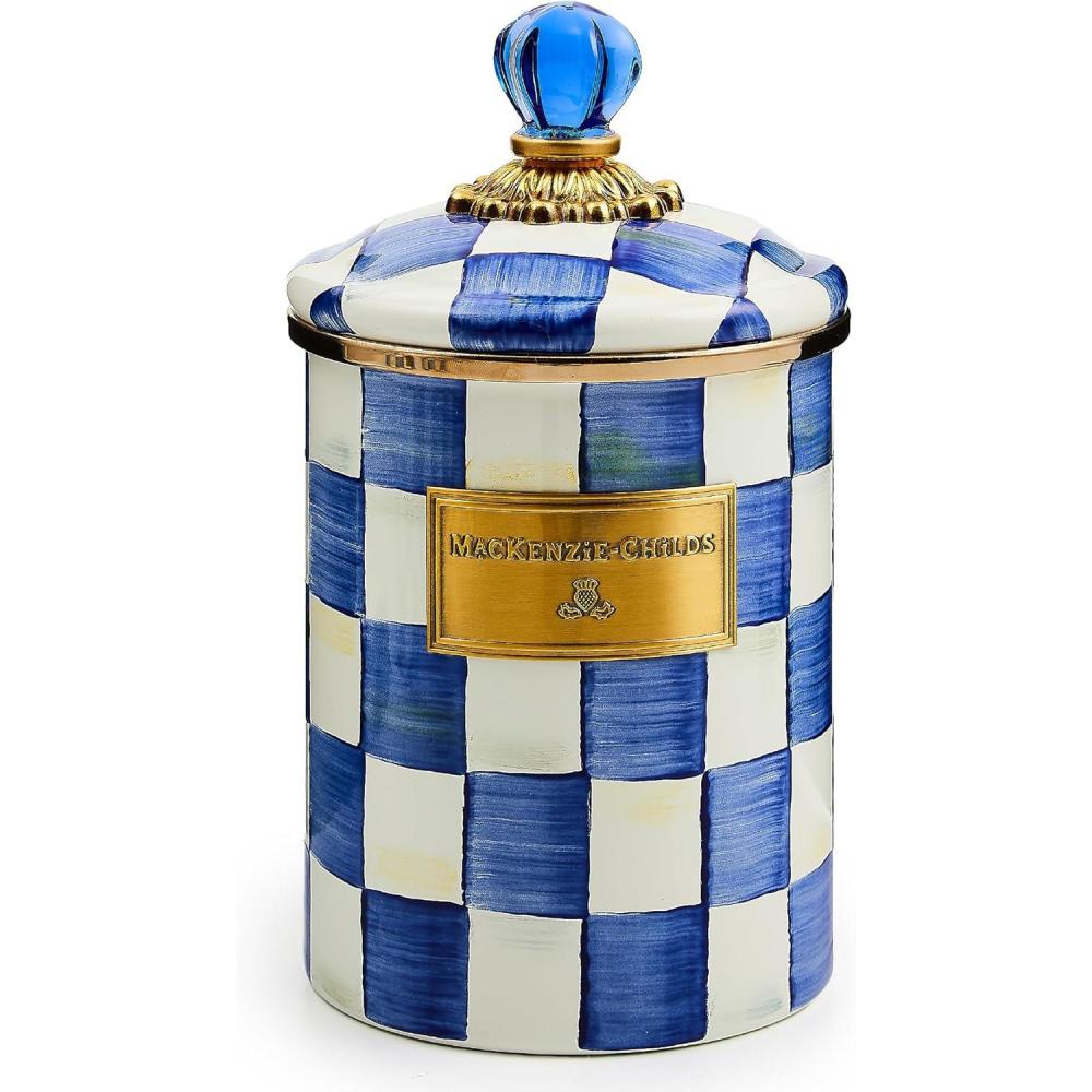 image:imageMACKENZIECHILDS Enamel Canister Kitchen Storage Container with Lid Medium 48Ounce Capacity LightBlueandWhite Sky CheckRoyal Check