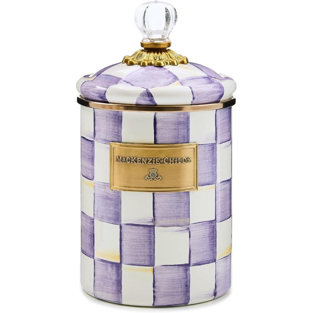 image:imageMACKENZIECHILDS Enamel Canister Kitchen Storage Container with Lid Medium 48Ounce Capacity LightBlueandWhite Sky CheckViolet Check