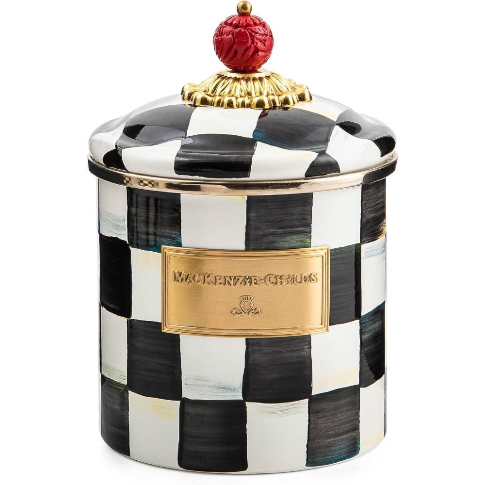 image:imageMACKENZIECHILDS Enamel Canister Kitchen Storage Container with Lid Small 38Ounce Capacity LightBlueandWhite Sky CheckCourtly Check