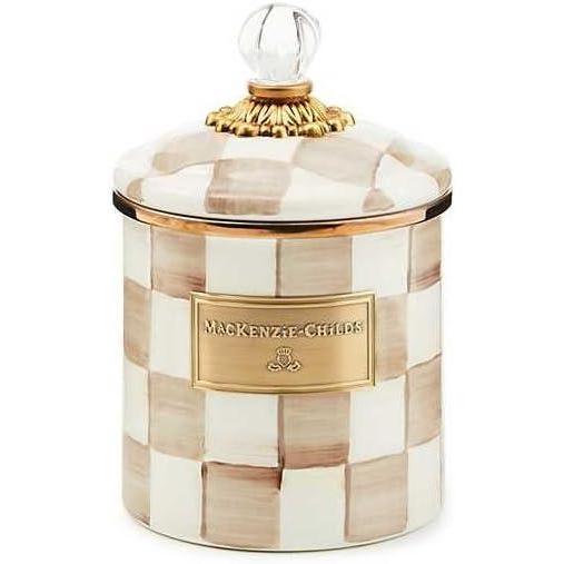 image:imageMACKENZIECHILDS Enamel Canister Kitchen Storage Container with Lid Small 38Ounce Capacity LightBlueandWhite Sky CheckMocha Check