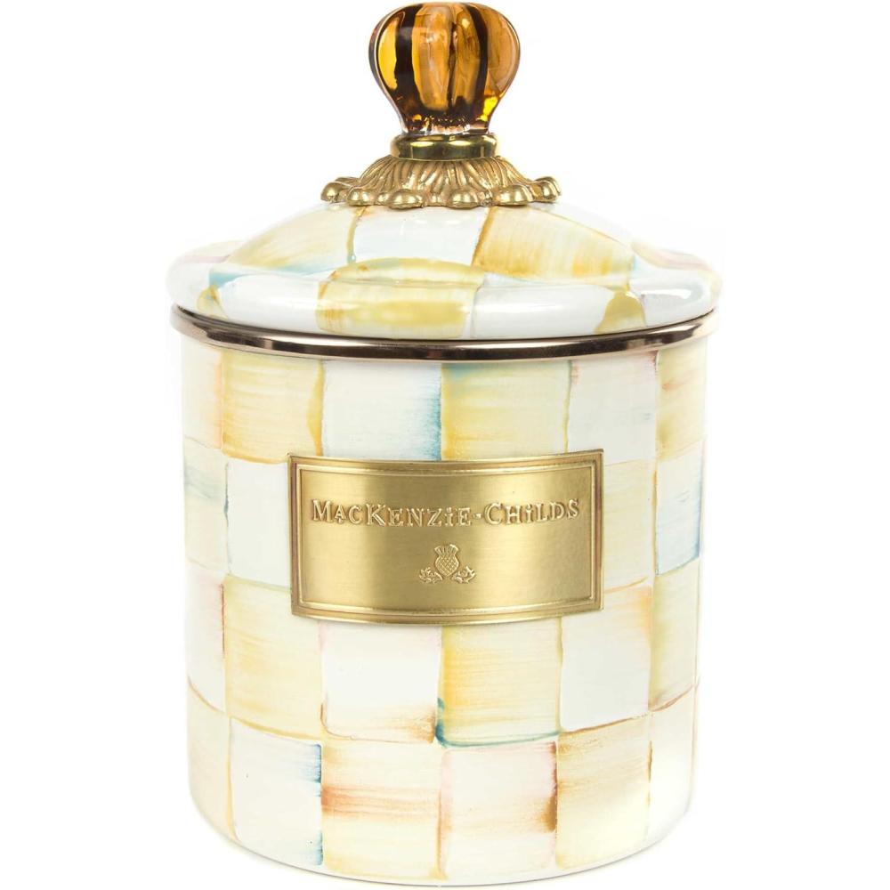 image:imageMACKENZIECHILDS Enamel Canister Kitchen Storage Container with Lid Small 38Ounce Capacity LightBlueandWhite Sky CheckParchment Check