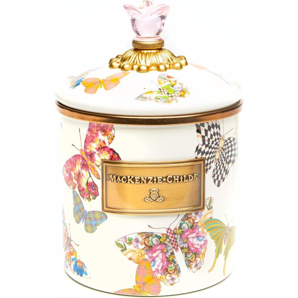 image:imageMACKENZIECHILDS Enamel Canister Kitchen Storage Container with Lid Small 38Ounce Capacity Wild Rose MauveButterfly Garden