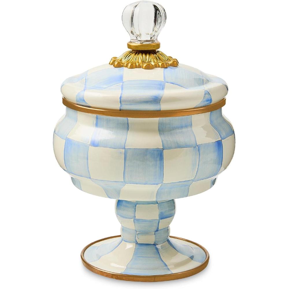 image:imageMACKENZIECHILDS Enamel Curiosity Pot Decorative Container for Home Decor LightBlueandWhite Sky CheckSky Check