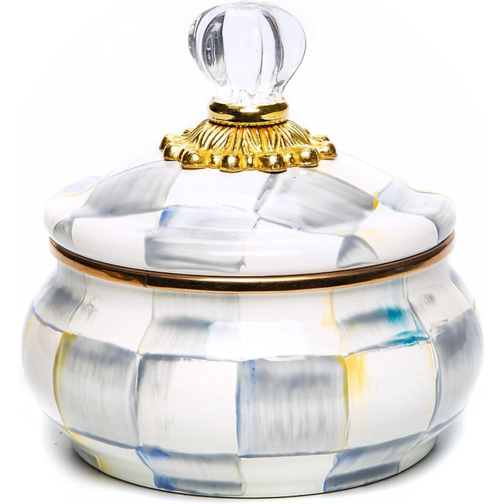 image:imageMACKENZIECHILDS Enamel Squashed Pot Enamelware Storage Canister with Lid 20Ounce Capacity LightBlueandWhite Sky CheckSterling Check