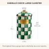 MACKENZIE-CHILDS Enamel Canister, Kitchen Storage Container with Lid, Large, 64-Ounce Capacity, Light-Blue-and-White Sky Check(Emerald Check)