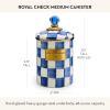 MACKENZIE-CHILDS Enamel Canister, Kitchen Storage Container with Lid, Medium, 48-Ounce Capacity, Light-Blue-and-White Sky Check(Royal Check)