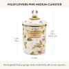MACKENZIE-CHILDS Enamel Canister, Kitchen Storage Container with Lid, Medium, 48-Ounce Capacity, Wild Rose Mauve(Pink Wildflower)
